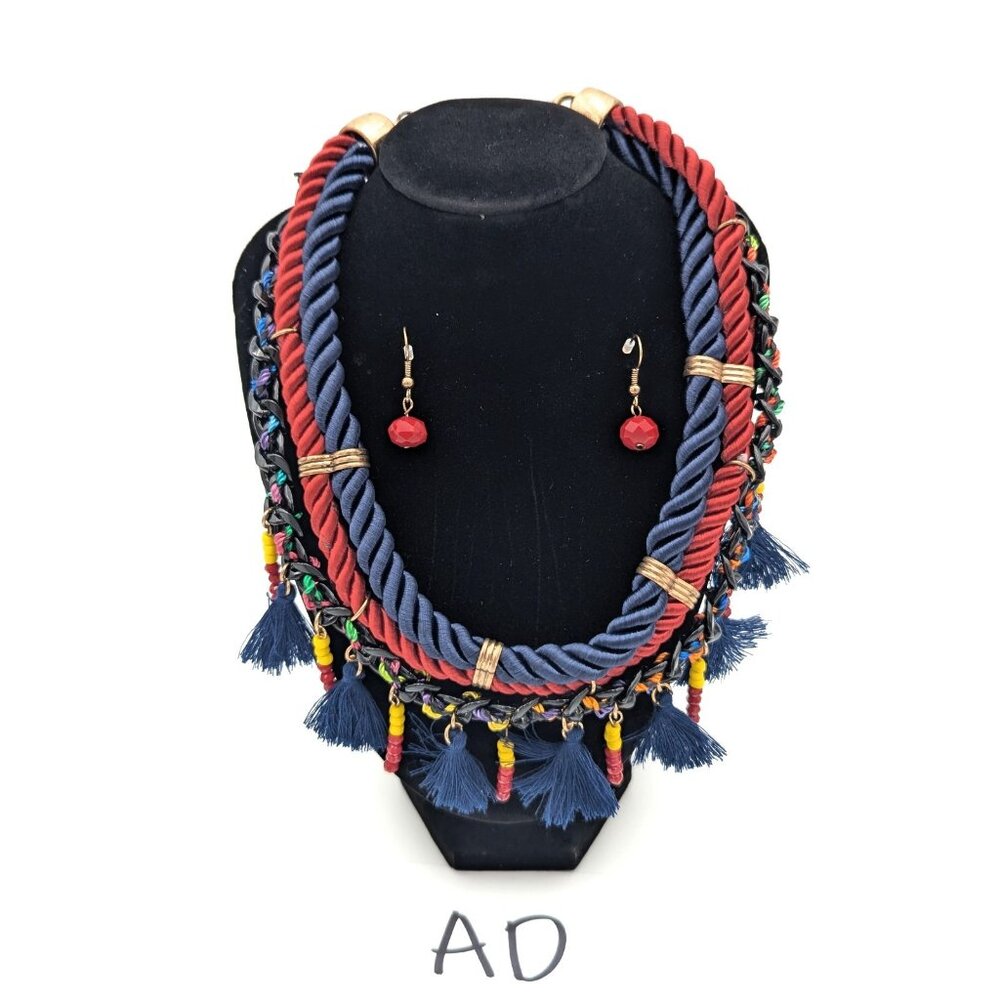 Vintage Victorian Revival Necklace Handmade Fiber Macrame Beaded Fringe Oxblood